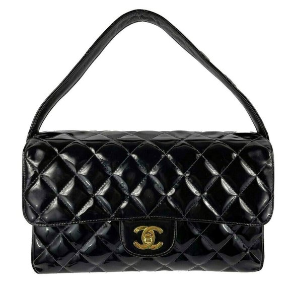 CHANEL Handbags - CHANEL - Vintage 1996 Black Top Handle Kelly Medium Flap Bag - Patent Leather